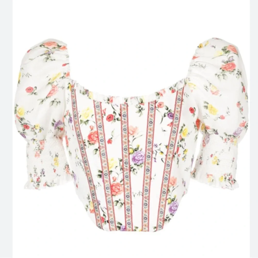 Alice + Olivia Audie Floral Puff-Sleeve Corset Top
